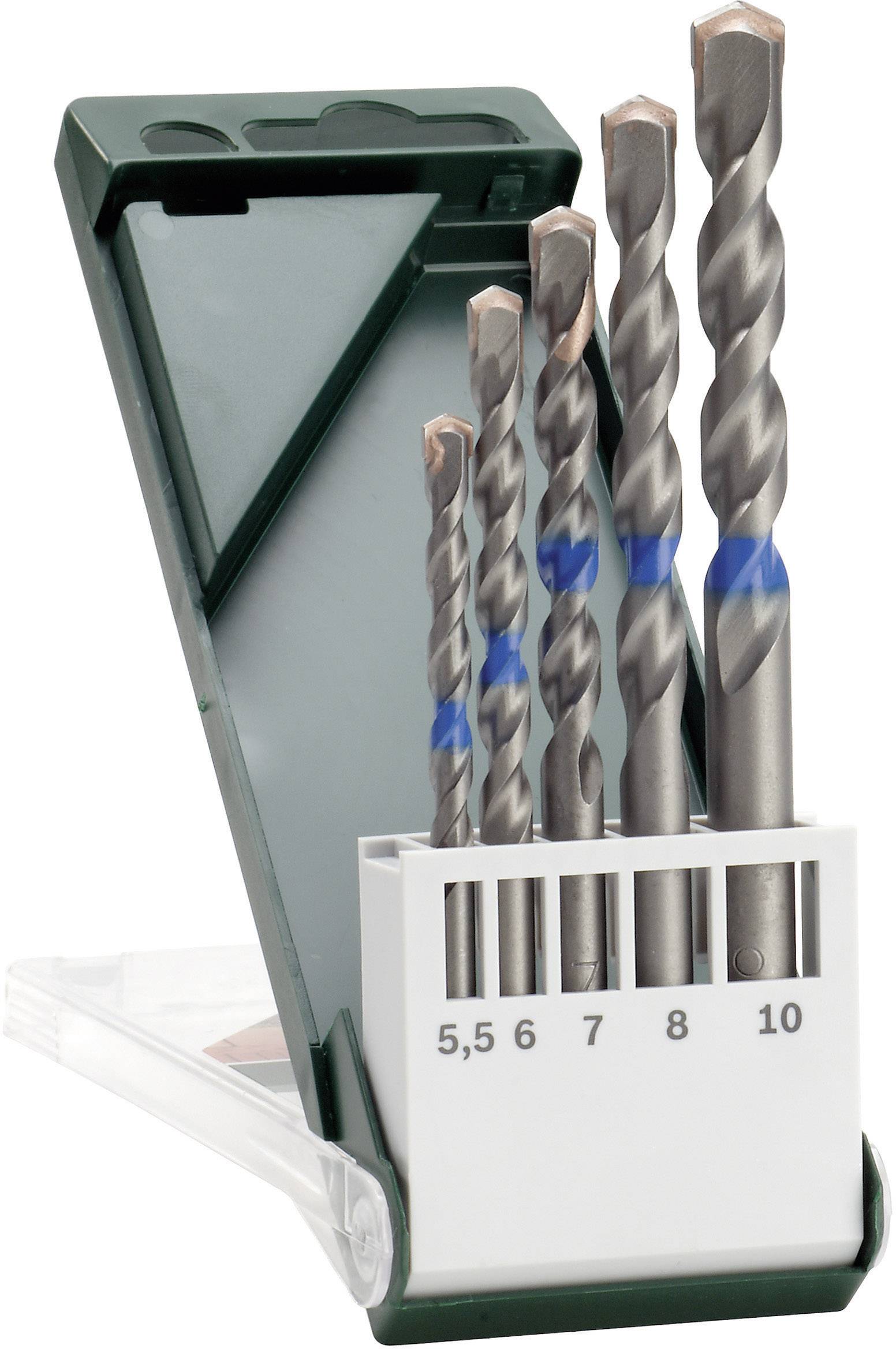 Ein Satz Bohrer mit fünf verschiedenen Größen (5, 6, 7, 8, 10 mm) in einer offenen, grünen Plastikbox.