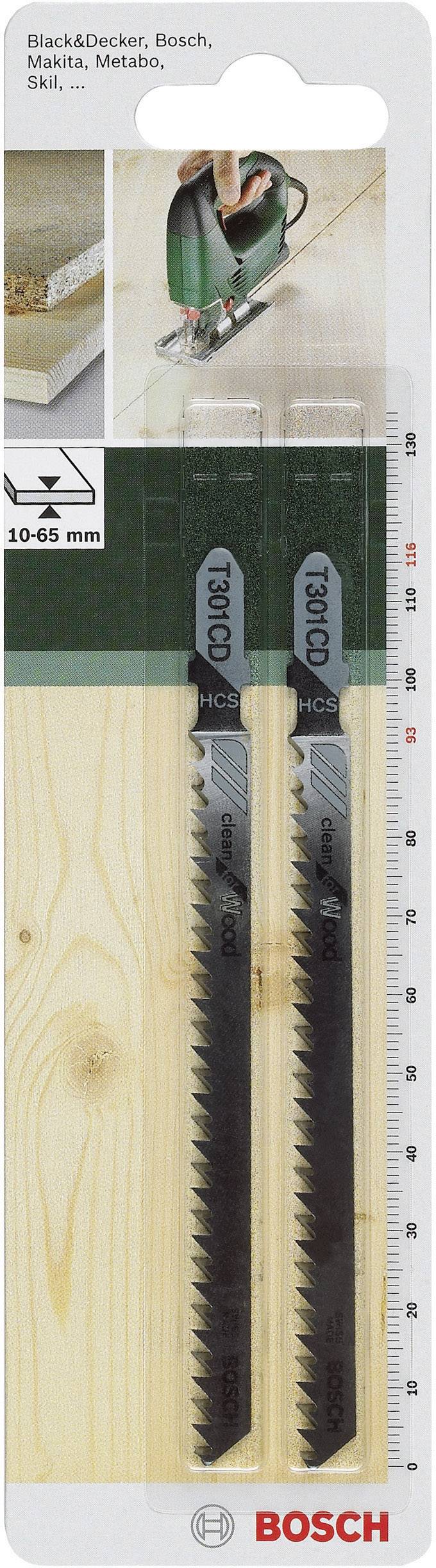 Sägeblätter für Holz, passend für Black&Decker, Bosch, Makita, Metabo, SKIL. 10-65 mm Stärke. Bild eines Mannes, der sägt. Bosch-Logo unten.