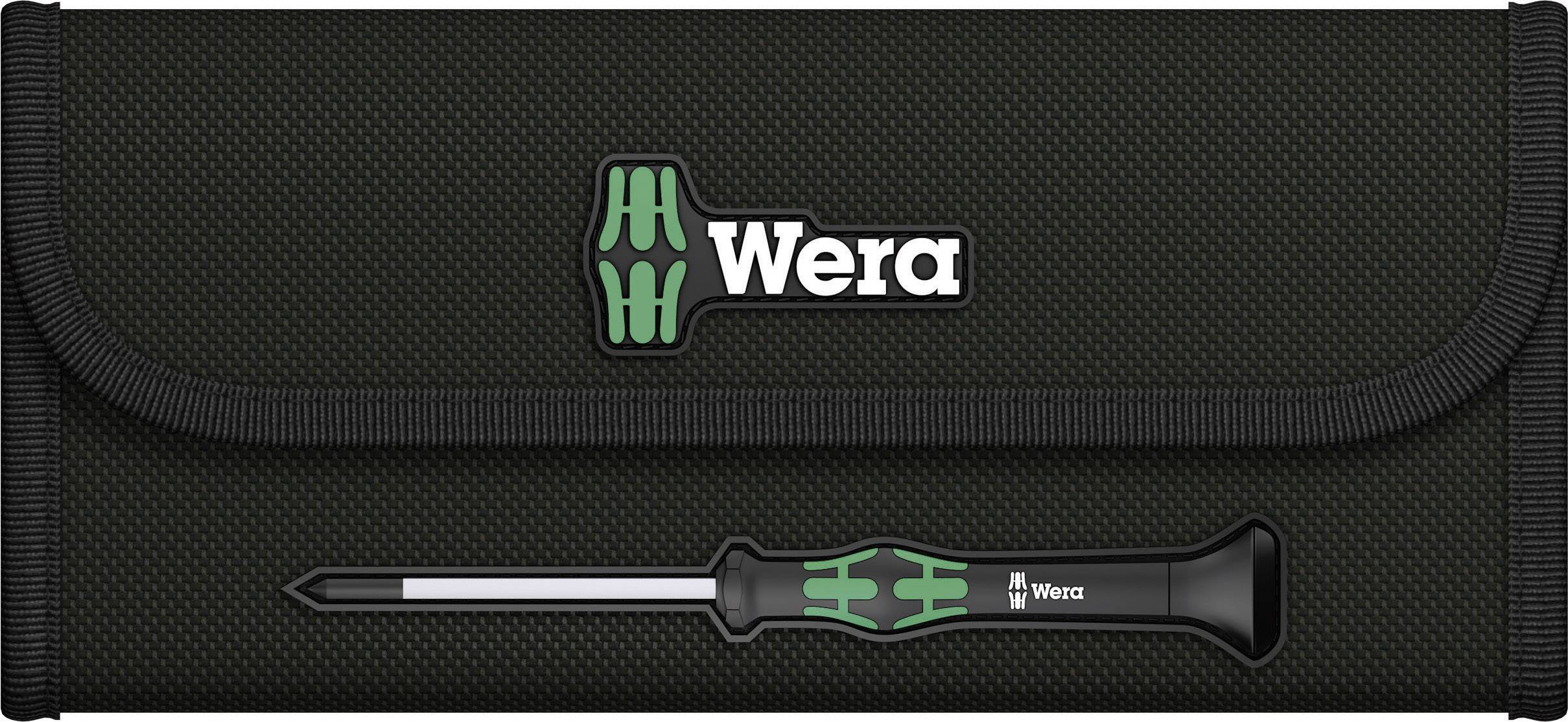 Eine schwarze Werkzeugtasche mit einem grünen Logo der Marke 'Wera' und einem einzelnen Schraubendreher darauf abgebildet.