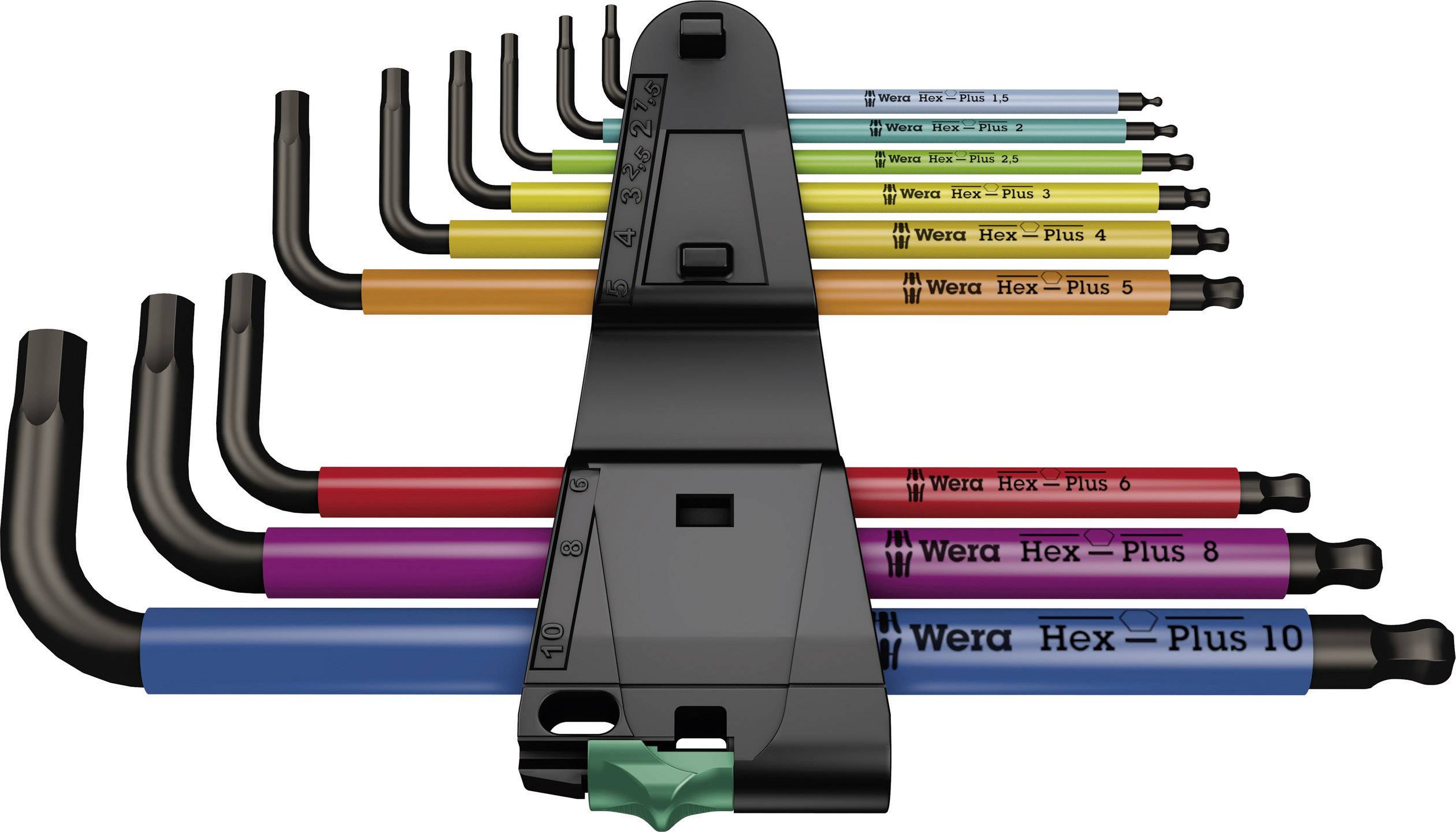 Satz bunter Winkelschlüssel, beschriftet von Hex-Plus 1 bis 10, in einem schwarzen Halter. Jeder Schlüssel hat eine andere Farbe.