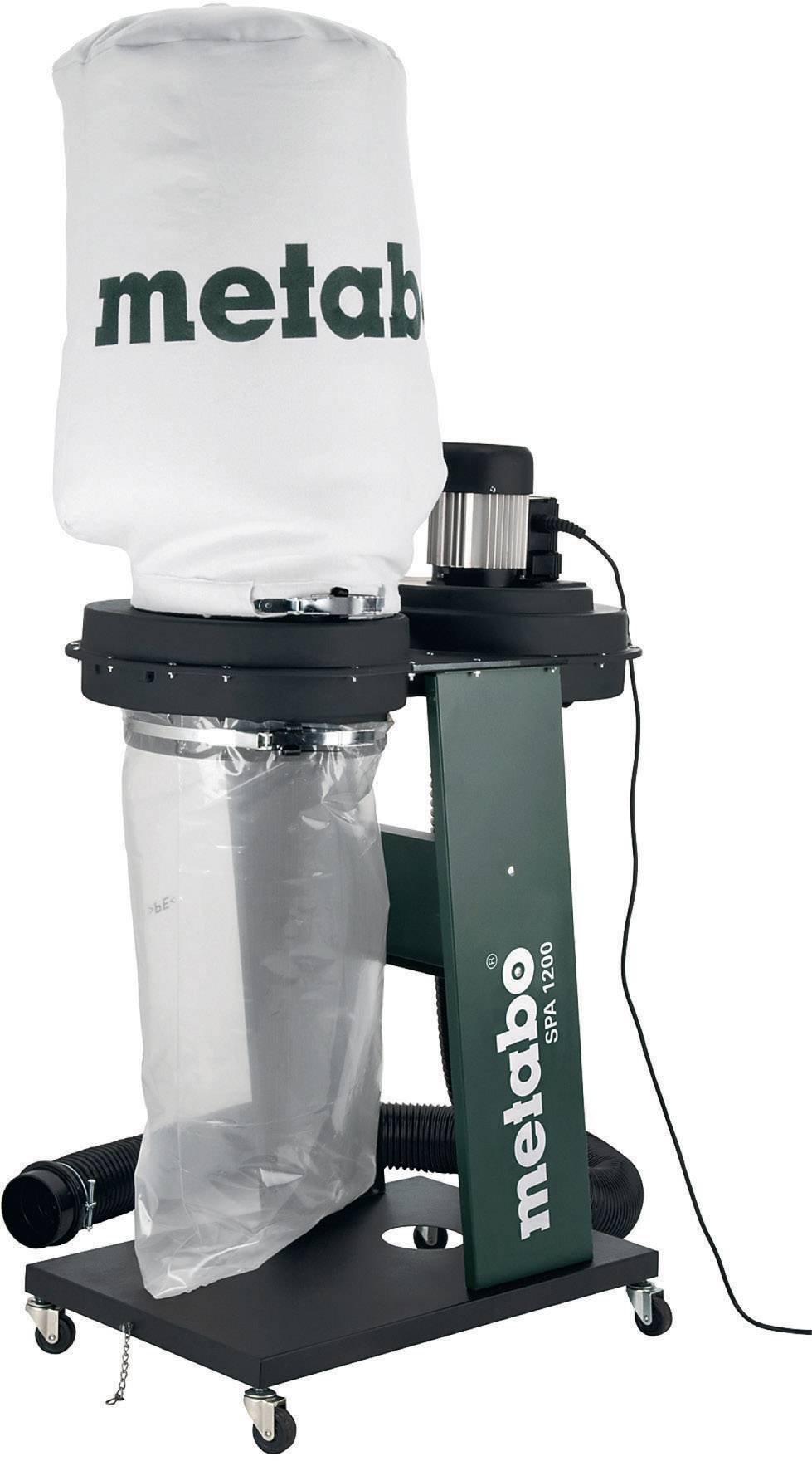 Staubsauger für Werkstatt von Metabo mit weißem Filterbeutel und grünem Gehäuse. Mobil mit Rollen, für Holzstaub geeignet.