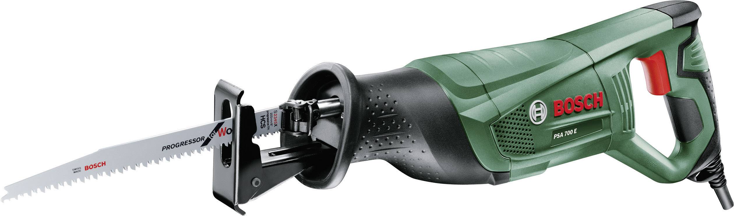 Grüne Bosch Stichsäge mit rotem Griff und Bosch-Logo, für Holz- und Metallschnitte geeignet, liegt auf einem weißen Hintergrund.