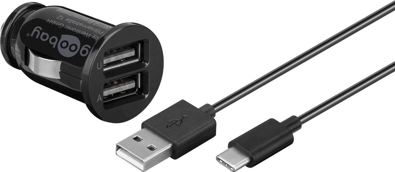 Goobay 58820 Dual Kfz Adapter Zigarettenanzünder / USB-C Ladekabel 1m / Auto Ladegerät 12W / USB-A Ladeset / Schwarz