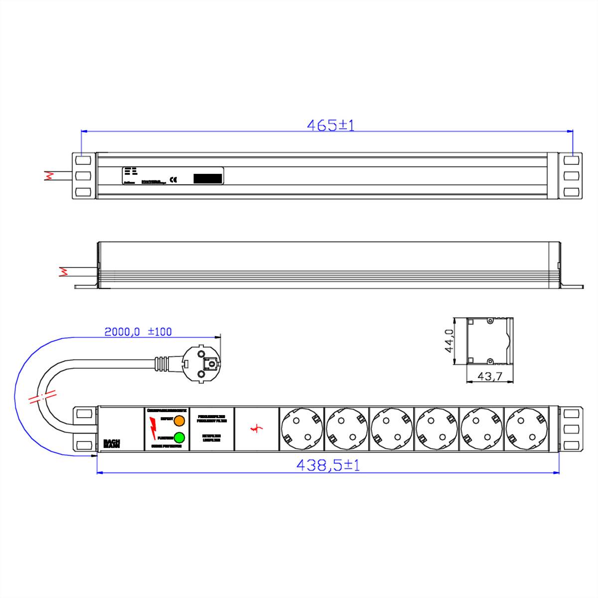 BACHMANN 19" Steckdosenleiste 6-fach mit GVS ohne Schalter, schwarz