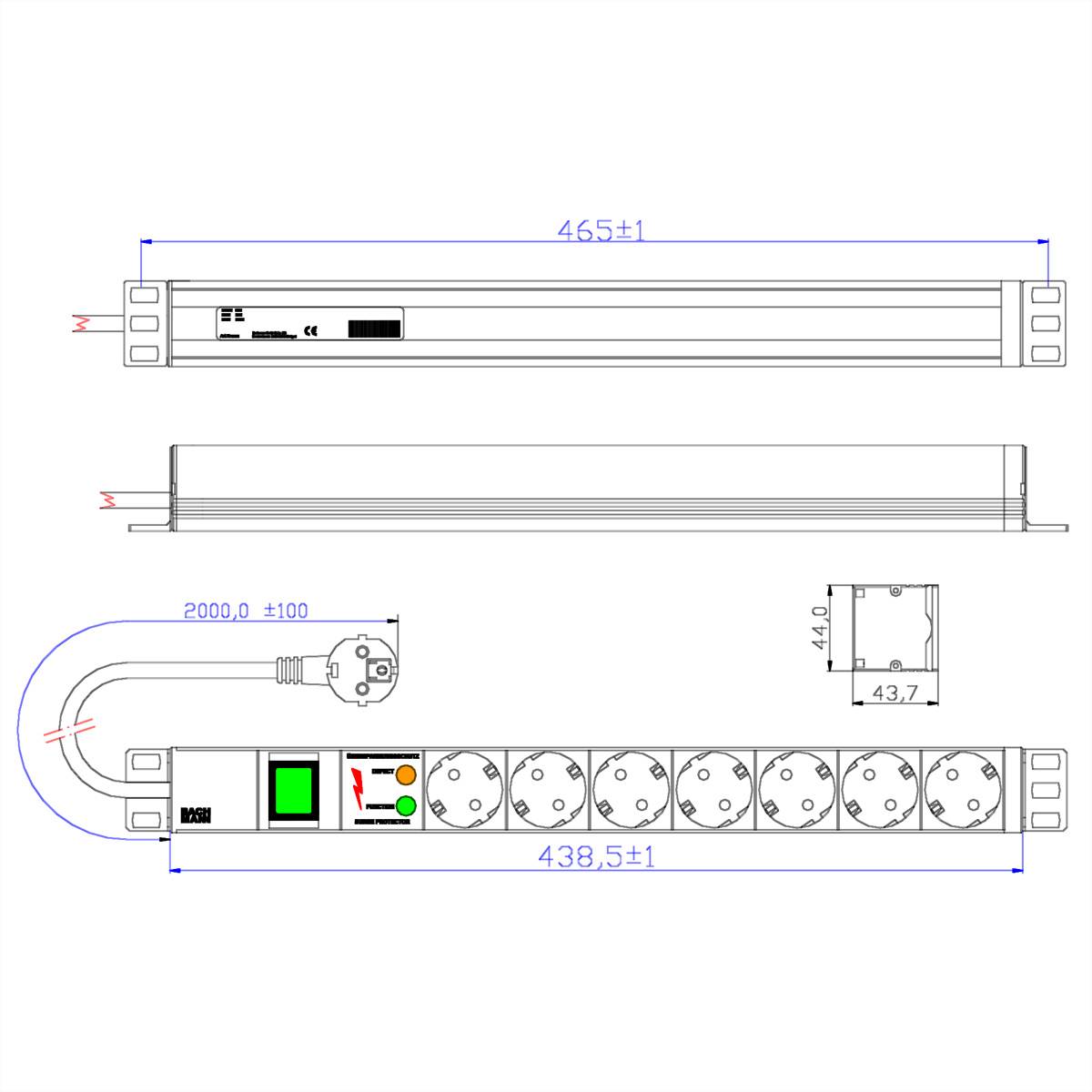 Bachmann 19" PDU Basic, Steckdosenleiste mit Überspannungsschutz , 7-fach Schutzkontaktsteckdose, sc