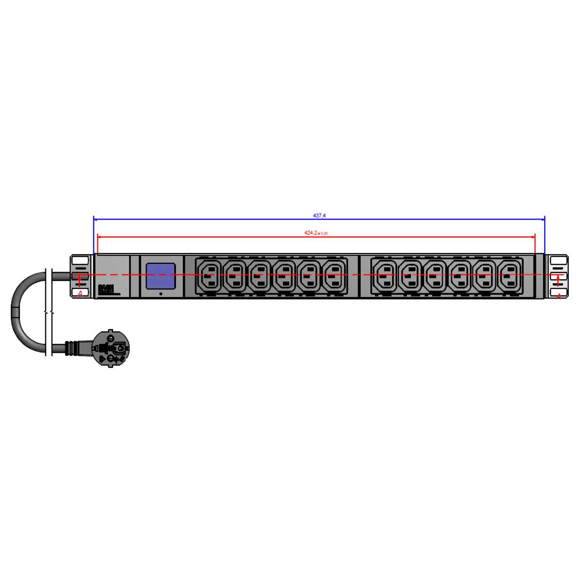 Bachmann 800.2055 19 Zoll Netzwerkschrank-Steckdosenleiste 1 HE Kaltgeräte-Steckdose C13 10A Schwarz