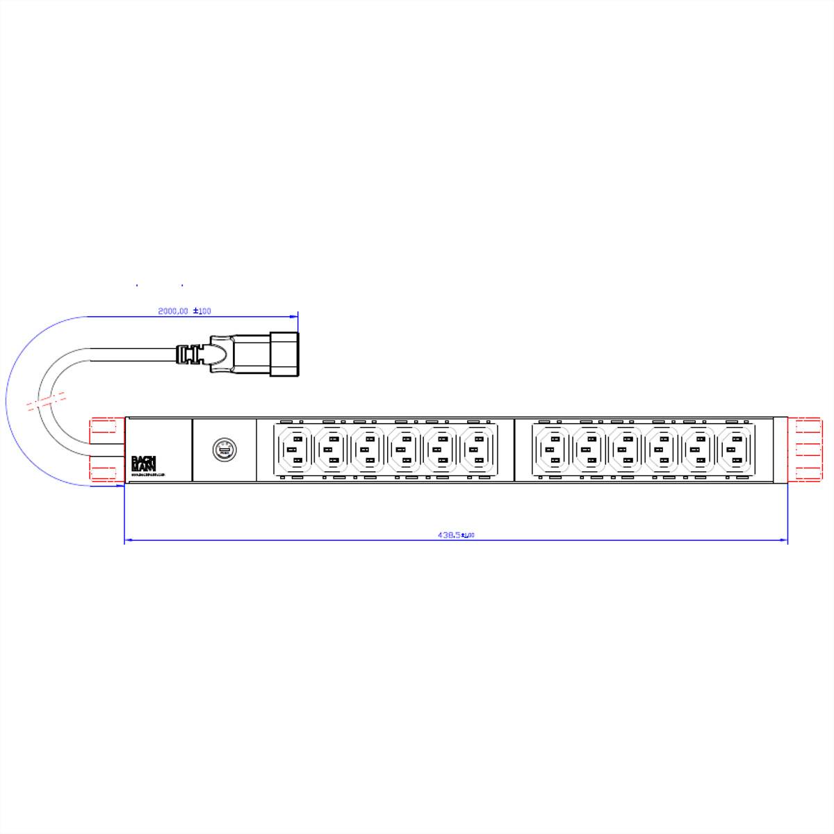 BACHMANN IT PDU ALU 19" 1HE 12 x C13 Buchse, Zuleitung C14 Stecker