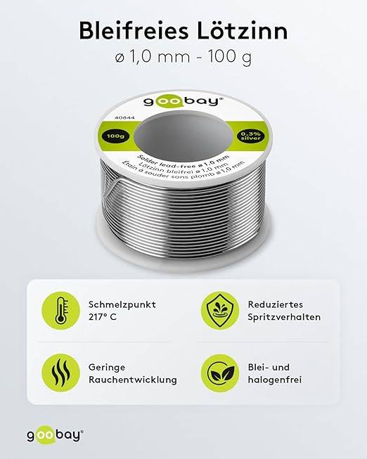 Goobay 40844 Lötzinn bleifrei ø 1mm Lötdraht Flussmittel / 0,3 % Silber / 217 °C Schmelzpunkt / bleifrei Löten Zinn 100g