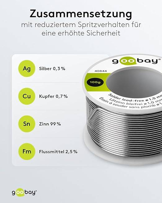 Goobay 40850 Lötzinn bleifrei ø 0,56 mm Lötdraht Flussmittel / 0,3 % Silber / 217 °C Schmelzpunkt bleifreies Löten 100g
