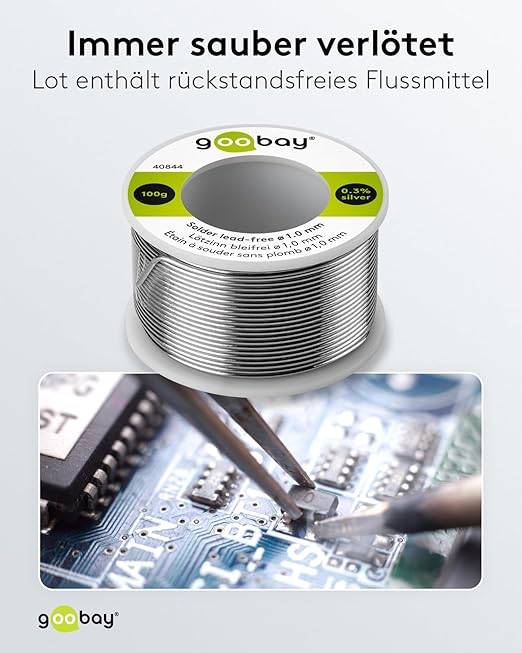 Goobay 40844 Lötzinn bleifrei ø 1mm Lötdraht Flussmittel / 0,3 % Silber / 217 °C Schmelzpunkt / bleifrei Löten Zinn 100g