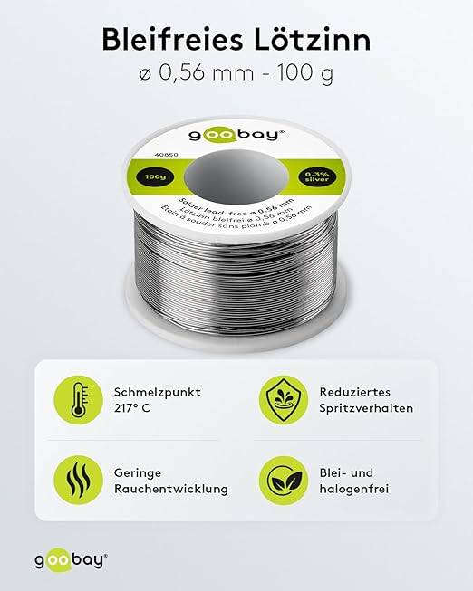 Goobay 40850 Lötzinn bleifrei ø 0,56 mm Lötdraht Flussmittel / 0,3 % Silber / 217 °C Schmelzpunkt bleifreies Löten 100g