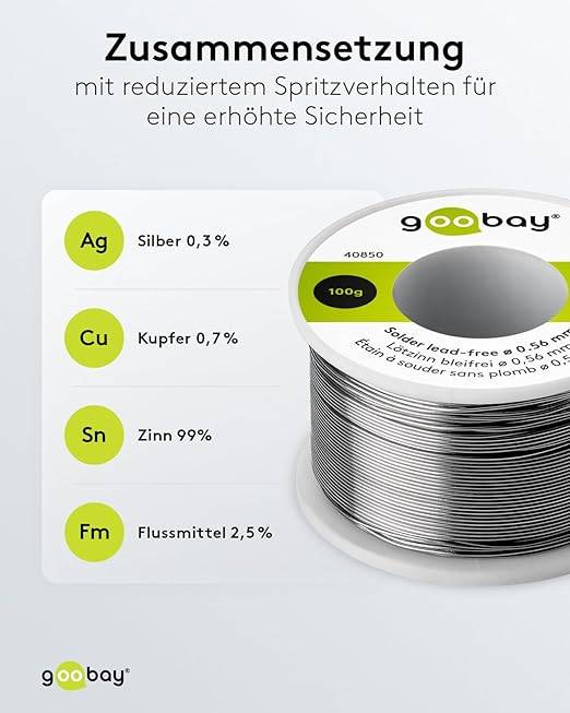 Goobay 40850 Lötzinn bleifrei ø 0,56 mm Lötdraht Flussmittel / 0,3 % Silber / 217 °C Schmelzpunkt bleifreies Löten 100g