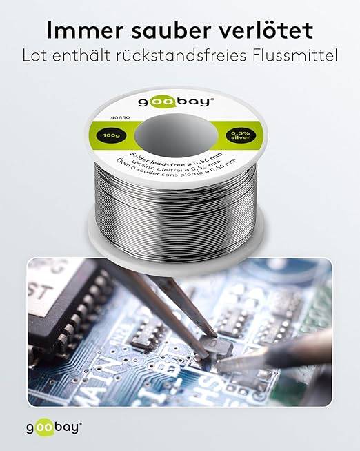 Goobay 40850 Lötzinn bleifrei ø 0,56 mm Lötdraht Flussmittel / 0,3 % Silber / 217 °C Schmelzpunkt bleifreies Löten 100g