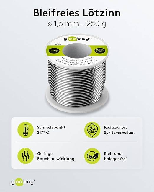 Goobay 40850 Lötzinn bleifrei ø 0,56 mm Lötdraht Flussmittel / 0,3 % Silber / 217 °C Schmelzpunkt bleifreies Löten 100g