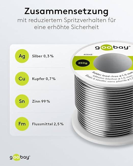 Goobay 40848 Lötzinn bleifrei ø 1,5mm Lötdraht Flussmittel / 0,3 % Silber / 217 °C Schmelzpunkt / bleifreies Löten 250g