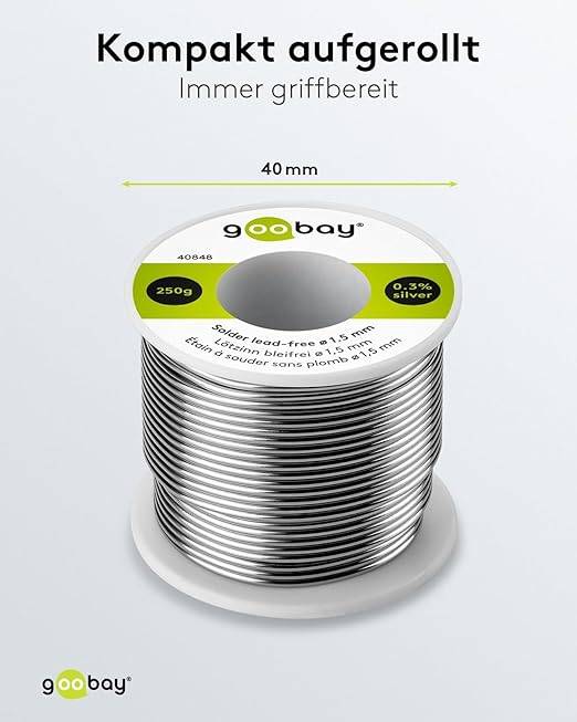 Goobay 40850 Lötzinn bleifrei ø 0,56 mm Lötdraht Flussmittel / 0,3 % Silber / 217 °C Schmelzpunkt bleifreies Löten 100g