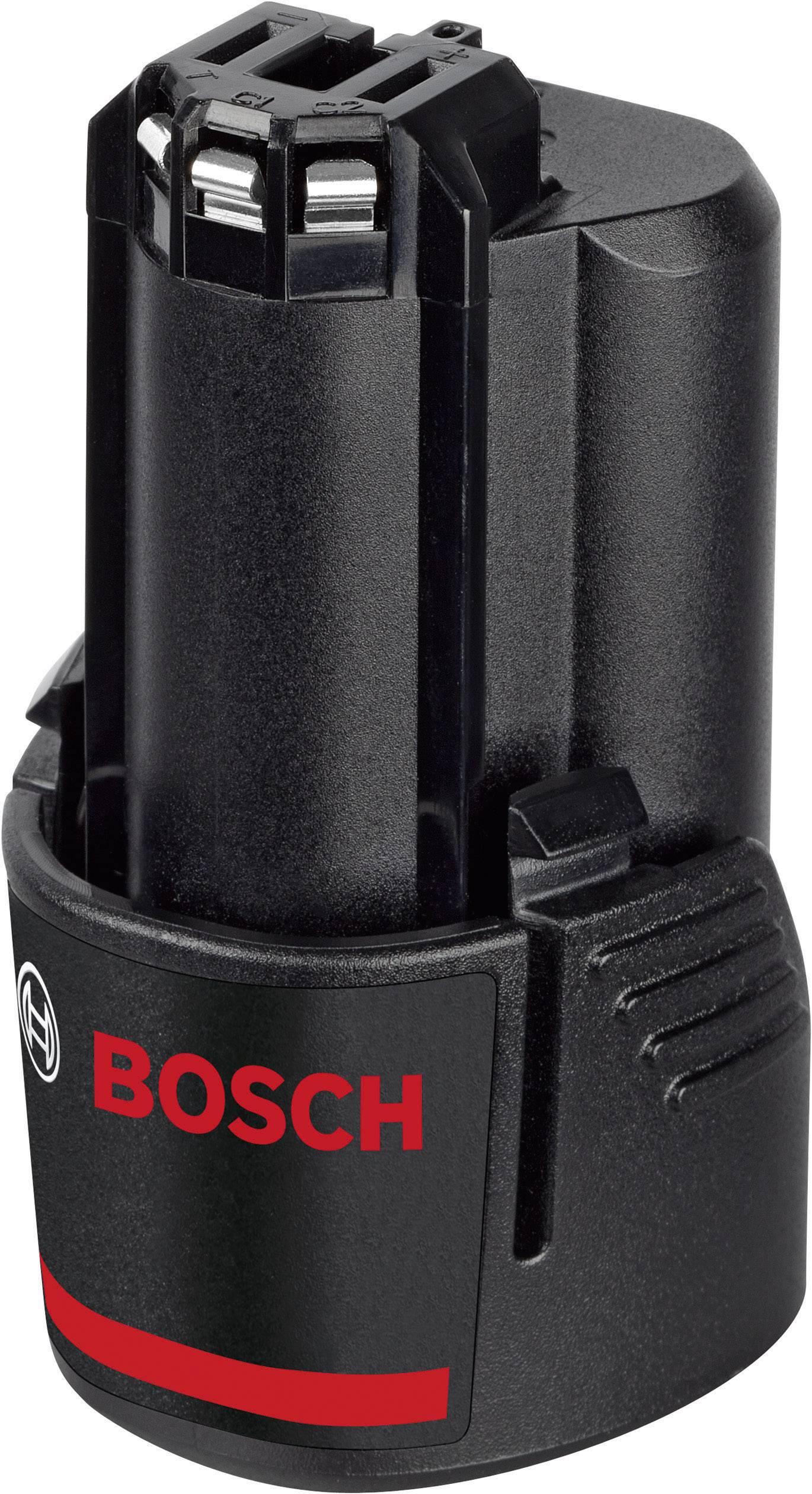 Wiederaufladbarer Bosch-Akku für Elektrowerkzeuge, zylindrische Form, schwarze Oberfläche mit rotem Bosch-Logo.