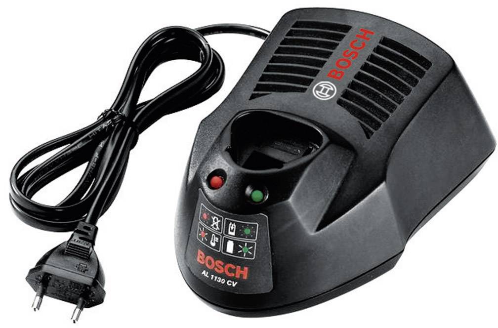 Ein Bosch Akkuladegerät mit einem EU-Stecker. Zwei Kontrollleuchten zeigen den Ladezustand an. Kompatibel mit verschiedenen Bosch-Akkus.