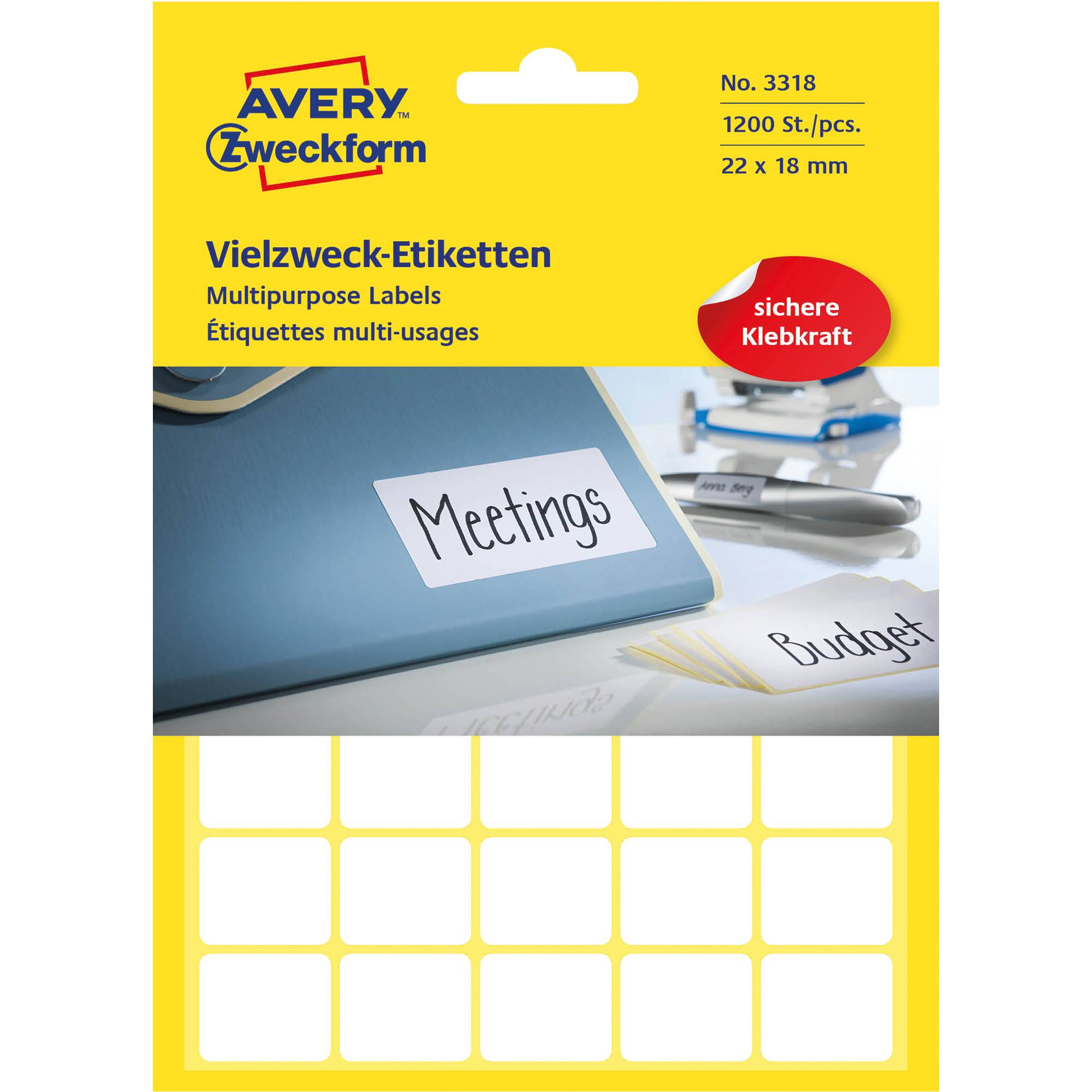 Avery Zweckform 3318 Vielzweck-Etiketten, 22 x 18 mm, 30 Bogen/1.200 Etiketten, weiß