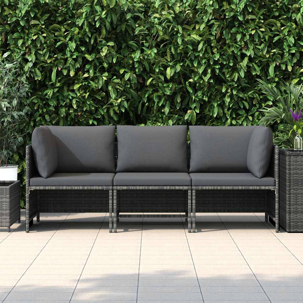 vidaXL 3-Sitzer-Gartensofa mit Kissen Grau Poly Rattan
