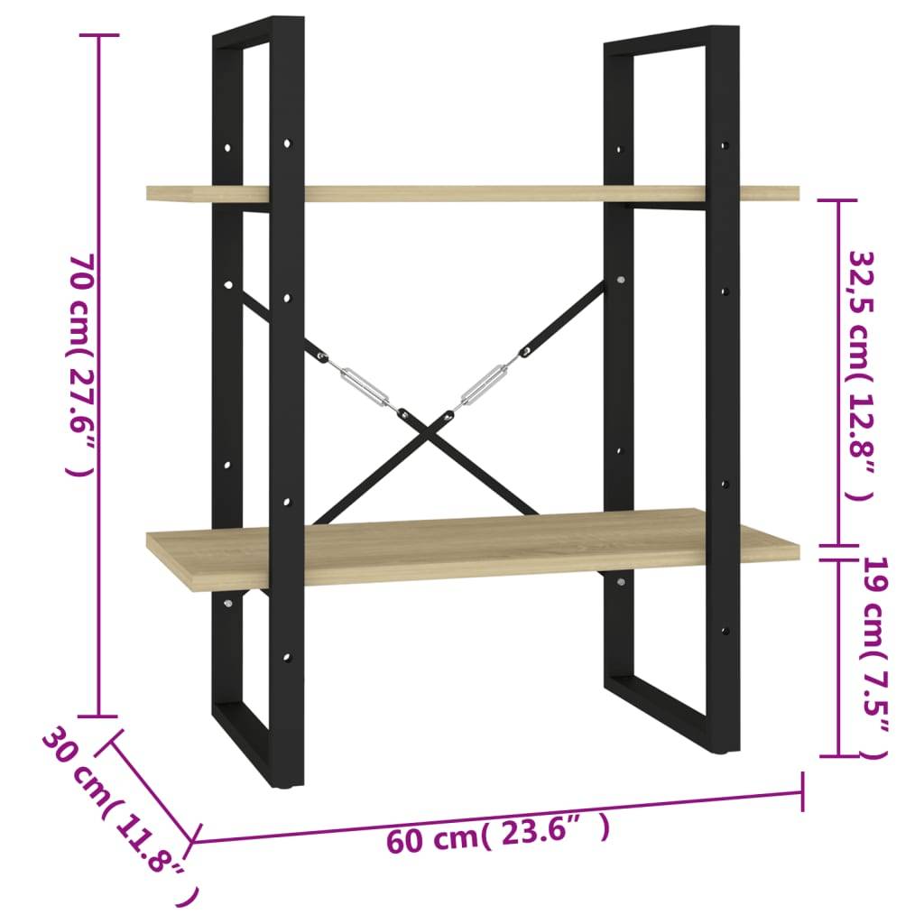 vidaXL Bücherregal 2 Fächer Sonoma-Eiche 60x30x70 cm Holzwerkstoff