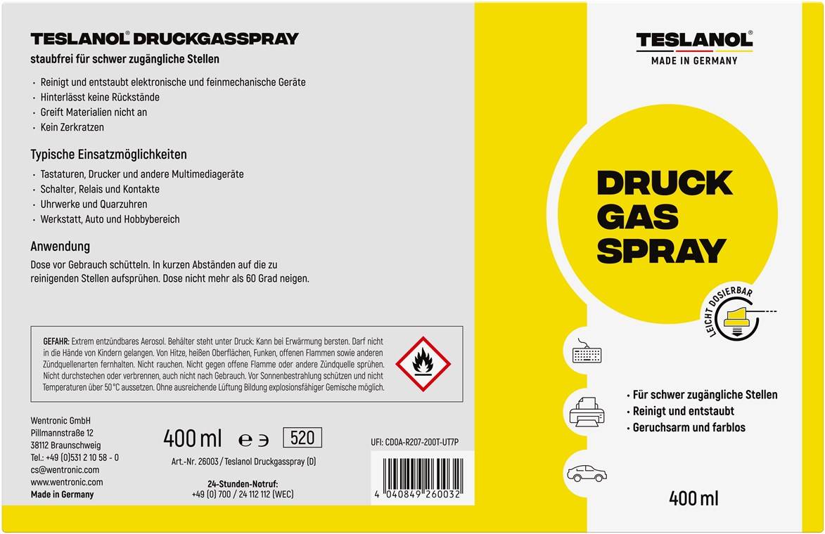 Teslanol 26003 Druckluftspray zum Reinigen & Entstauben von PC & Tastatur Druckluftreiniger Druckluft Spraydose 400 ml