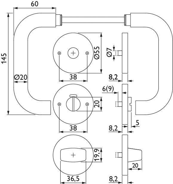 HERMAT Drückergarnitur 1801.KL4/2073.M/RW,Ros.,rd.,WC/SS,8(8),ER,TS 37-48