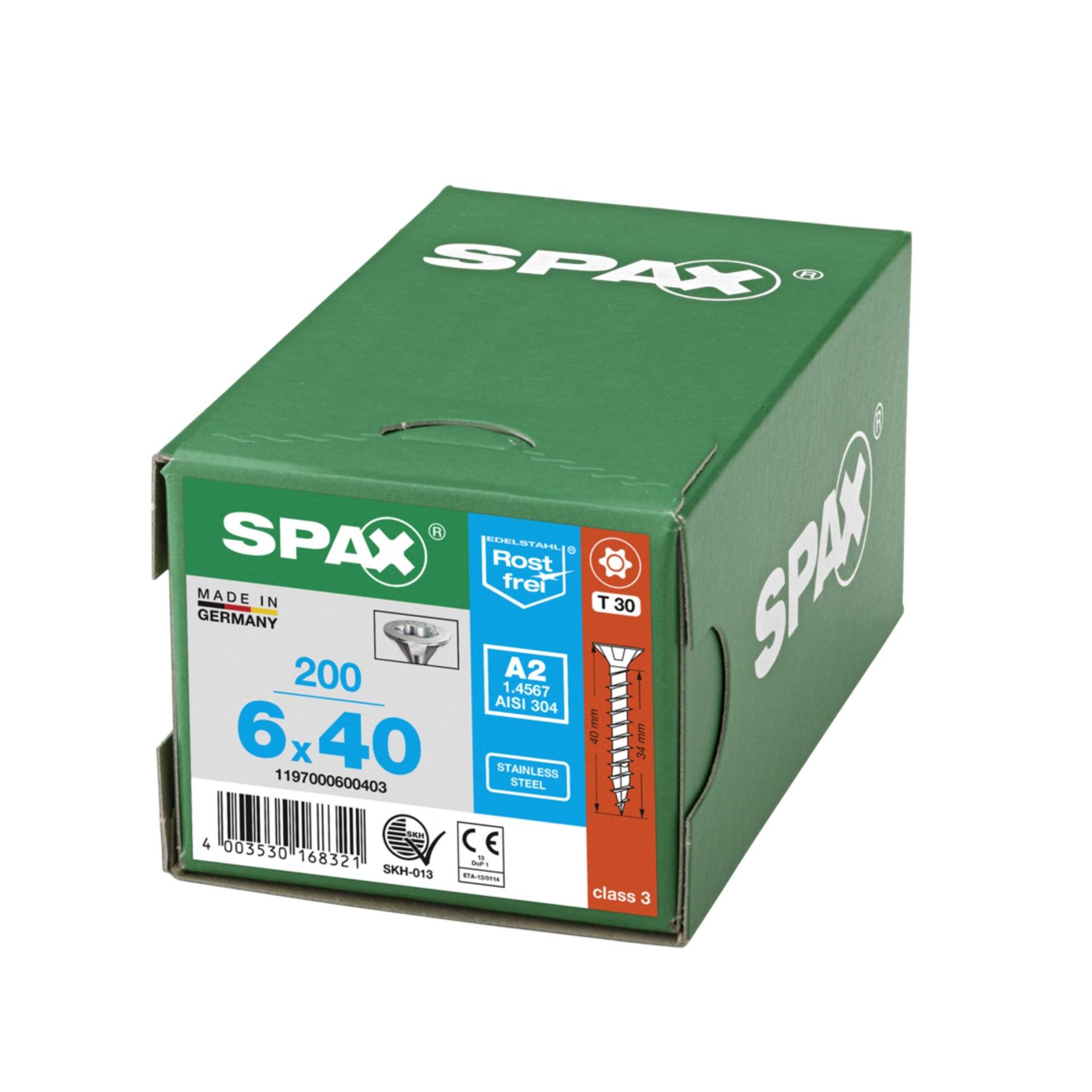 Schraube ART 88091 SPAX A 2 6x40/34 T30 / Senkkopf A 2 K