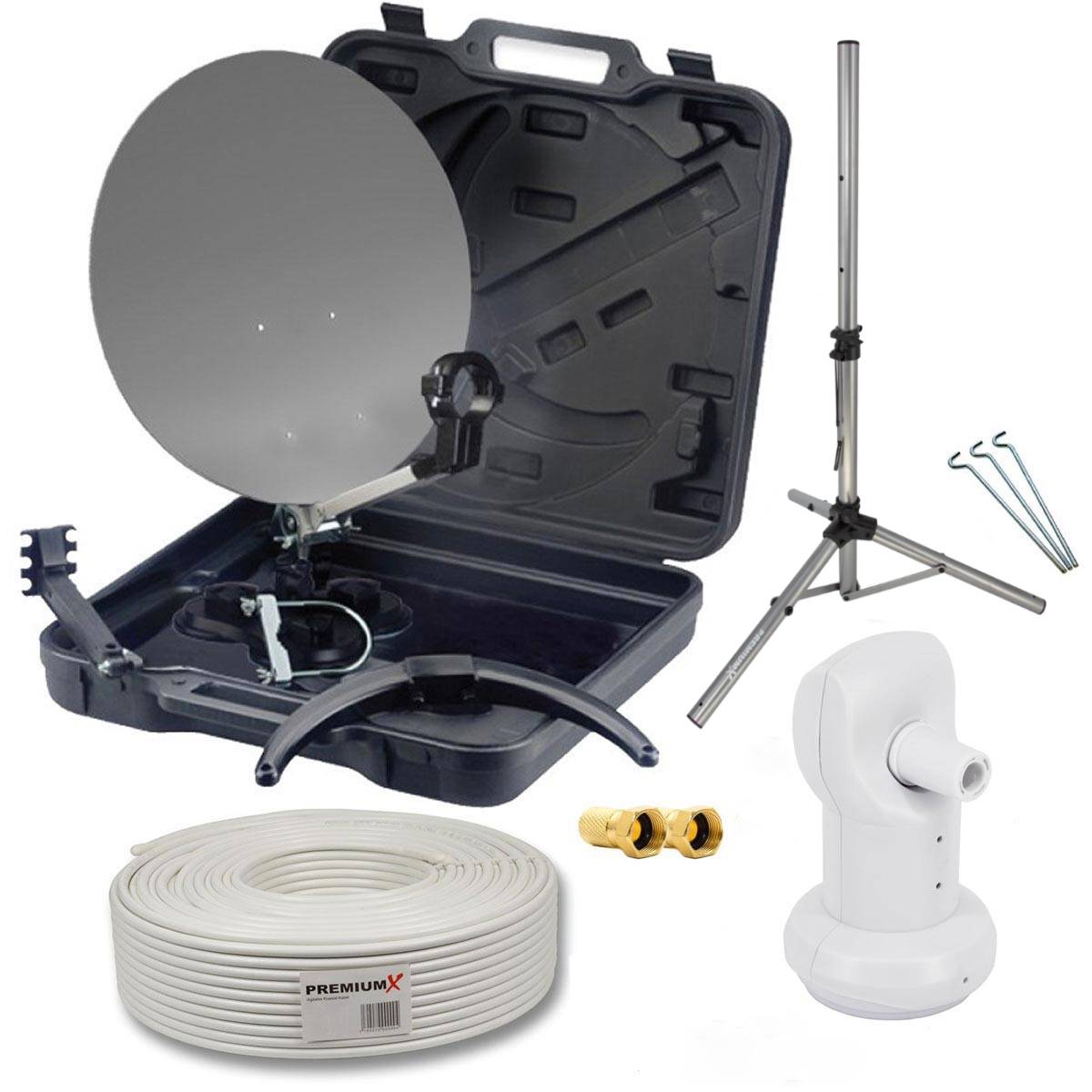 PremiumX PX35 Camping Sat-Antenne Koffer 35cm Stahl Single LNB Stativ 10m Kabel F-Stecker