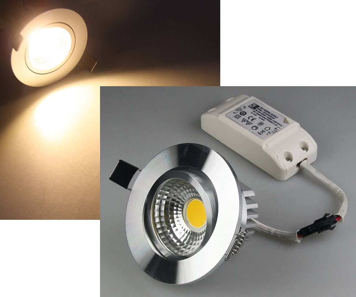 ChiliTec 20899 LED-Einbauleuchte "COB-5", 5W, 420lm ALU, 3000K, 75°, Ø85xT47mm, Rahmen chrom