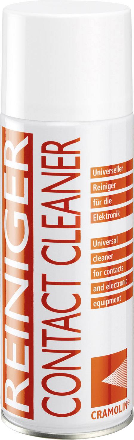 Eine Sprühdose mit der Aufschrift 'REINIGER CONTACT CLEANER' und 'Universeller Reiniger für die Elektronik'. Markenname: Cramolin.