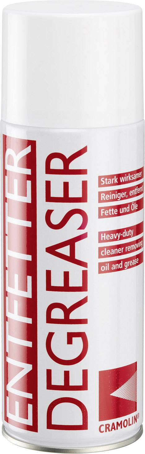 Eine Sprühdose mit der Aufschrift 'ENTFETTER' und 'DEGREASER', geeignet zur Entfernung von Fett und Öl. Marke Cramolin.