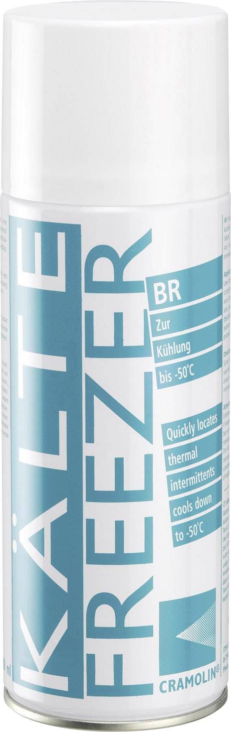 Sprühdose mit der Aufschrift 'Kälte Freezer'. Dient zur schnellen Abkühlung von Objekten auf bis -50°C. Einsatz für Testzwecke.