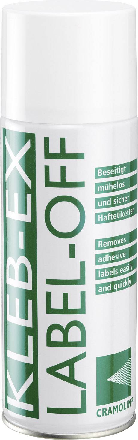 Sprühdose KLEB-EX Label-Off von Cramolin zur Entfernung von Klebeetiketten, weiß mit grünem Etikett und Produktbeschreibung.