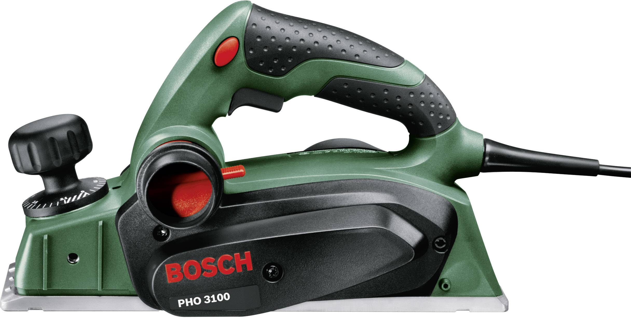 Elektrohobel mit zusätzlichem Drehknopf und Griff, beschriftet mit 'Bosch PHO 3100', geeignet für präzise Holzbearbeitung.