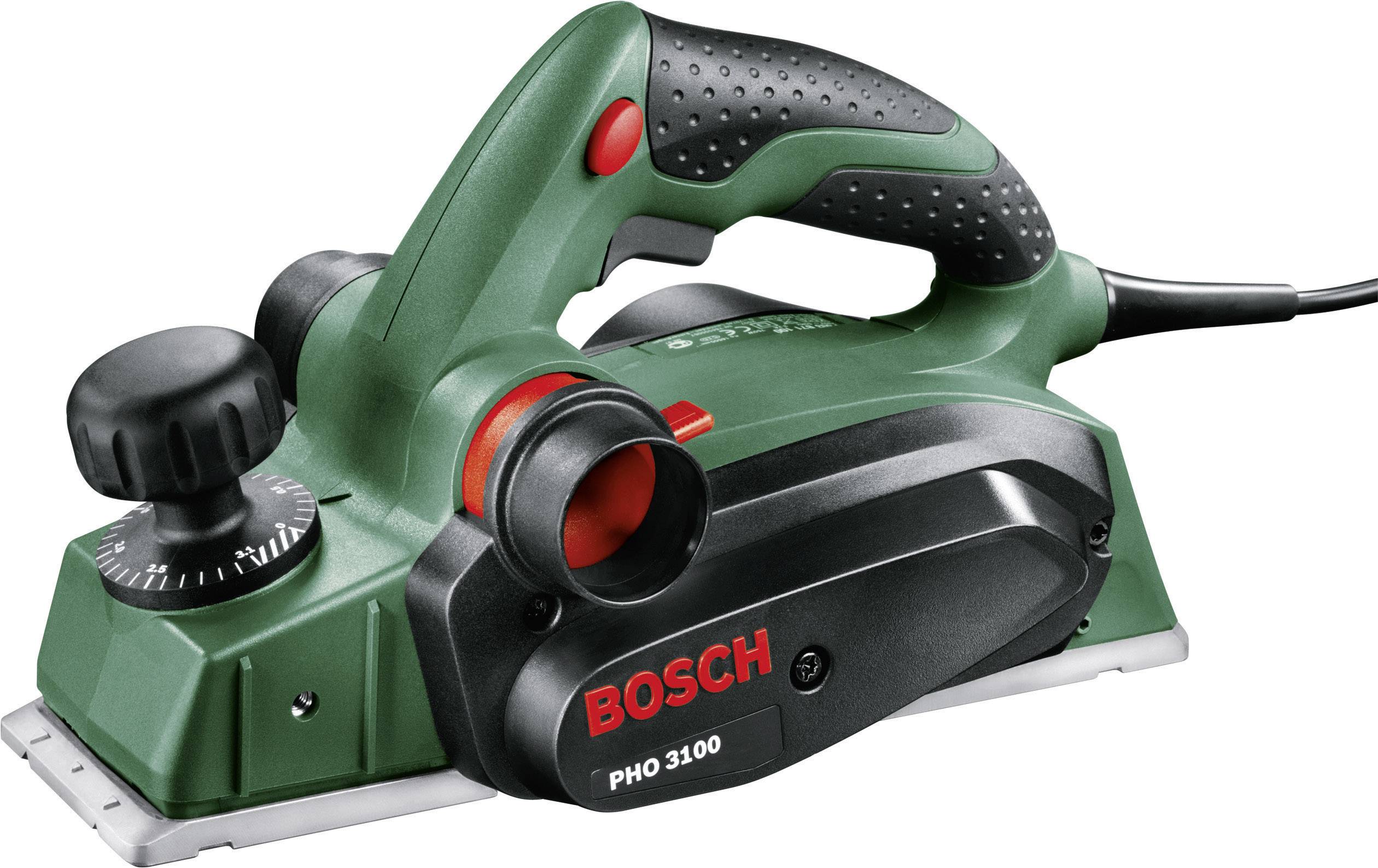 Elektrischer Handhobel in Grün und Schwarz, mit Markennamen 'Bosch PHO 3100' auf der Seite. Eignet sich für präzises Hobeln von Holz.
