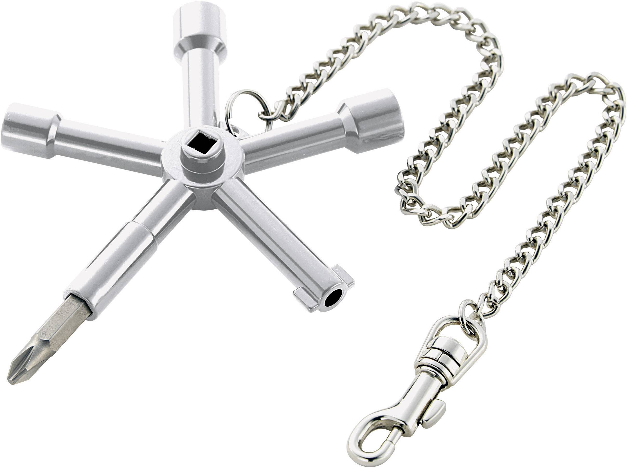 Ein silbernes Multifunktionswerkzeug in Kreuzform mit vier verschiedenen Schlüsseln und einem Schraubendreher, an einer Kette befestigt.
