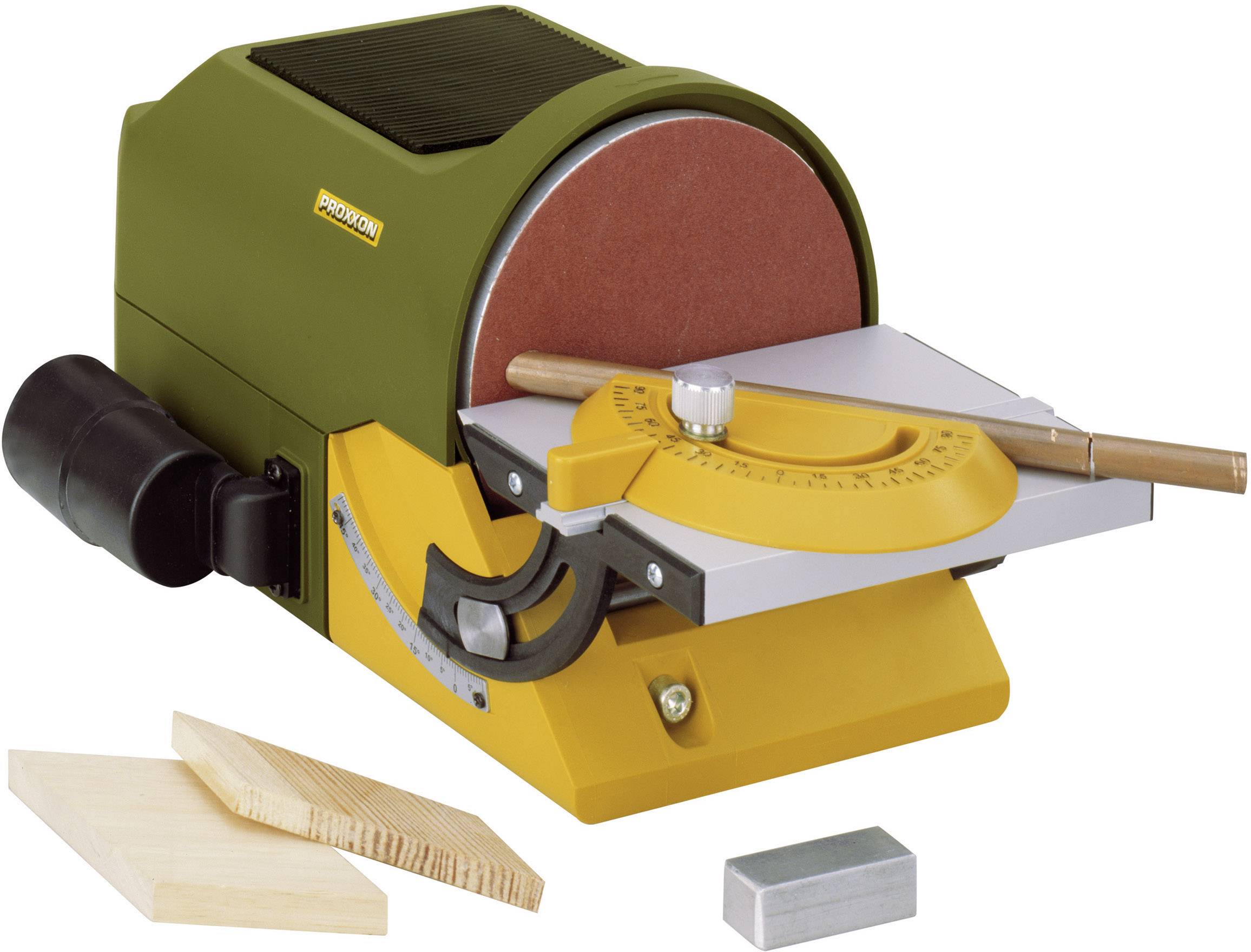 Schleifmaschine mit Winkeleinstellung und Holzstücken. Gerät dient zum präzisen Schleifen von Holz und anderen Materialien.