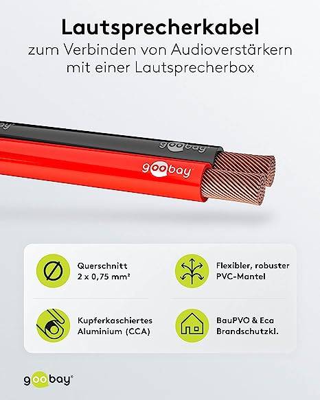 Goobay 15022 Lautsprecherkabel 2x 0,75mm² CCA Litze / Audiokabel Boxenkabel / Subwoofer Kabel / Rot Schwarz / 100m