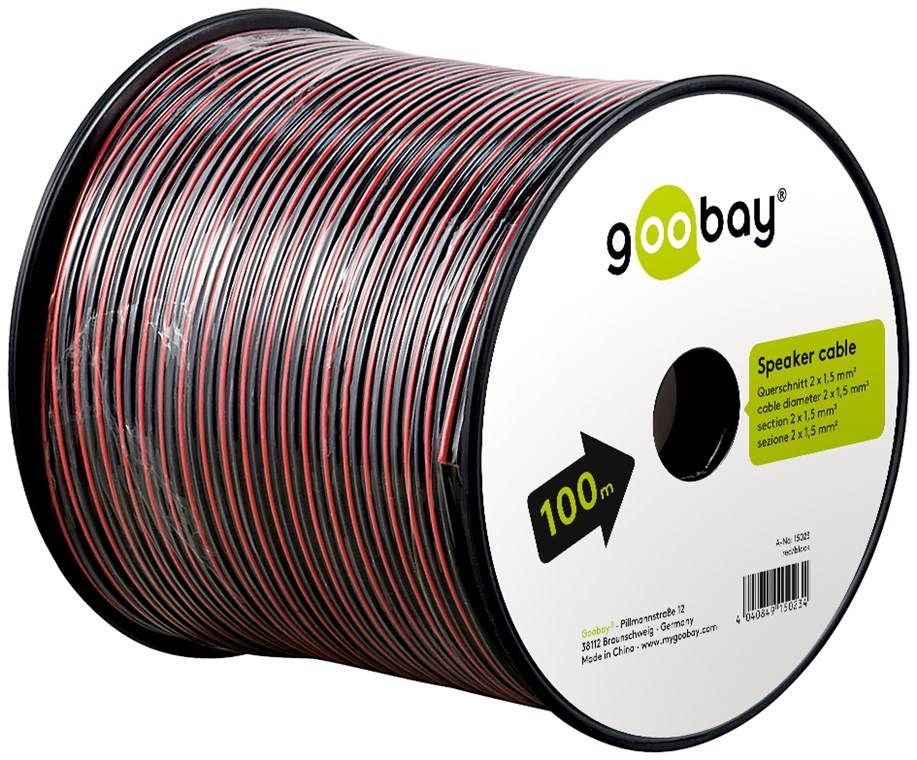 Goobay 15023 Lautsprecherkabel 2x 1,50 mm² CCA Litze / Audiokabel Boxenkabel / Subwoofer Kabel / Rot Schwarz / 100m