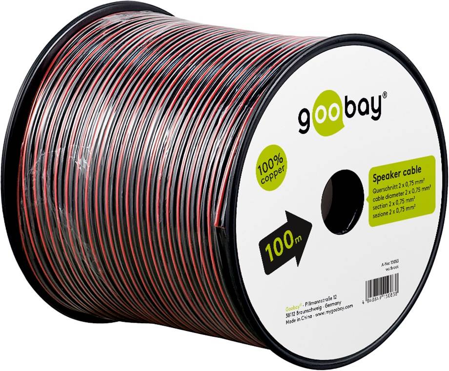 Goobay 15083 Lautsprecherkabel 2x 0,75 mm² Kupferlitze / Audiokabel Boxenkabel Kupferkabel Meterware / Rot Schwarz 100m