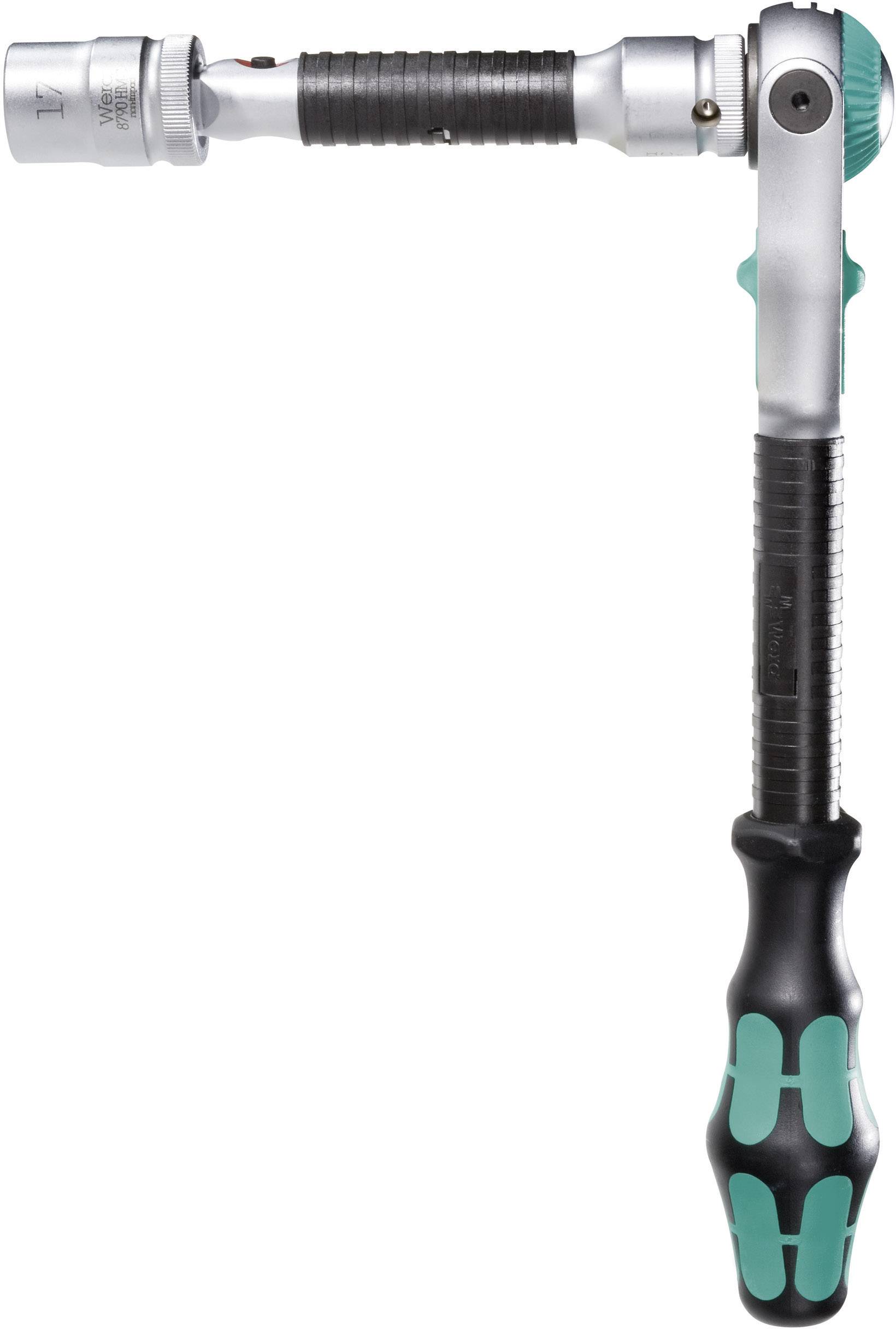 Ein verstellbarer Ratschenschlüssel mit ergonomischem Griff und flexiblem Kopf, der in einem rechten Winkel positioniert ist. Ideal für schwer zugängliche Stellen.