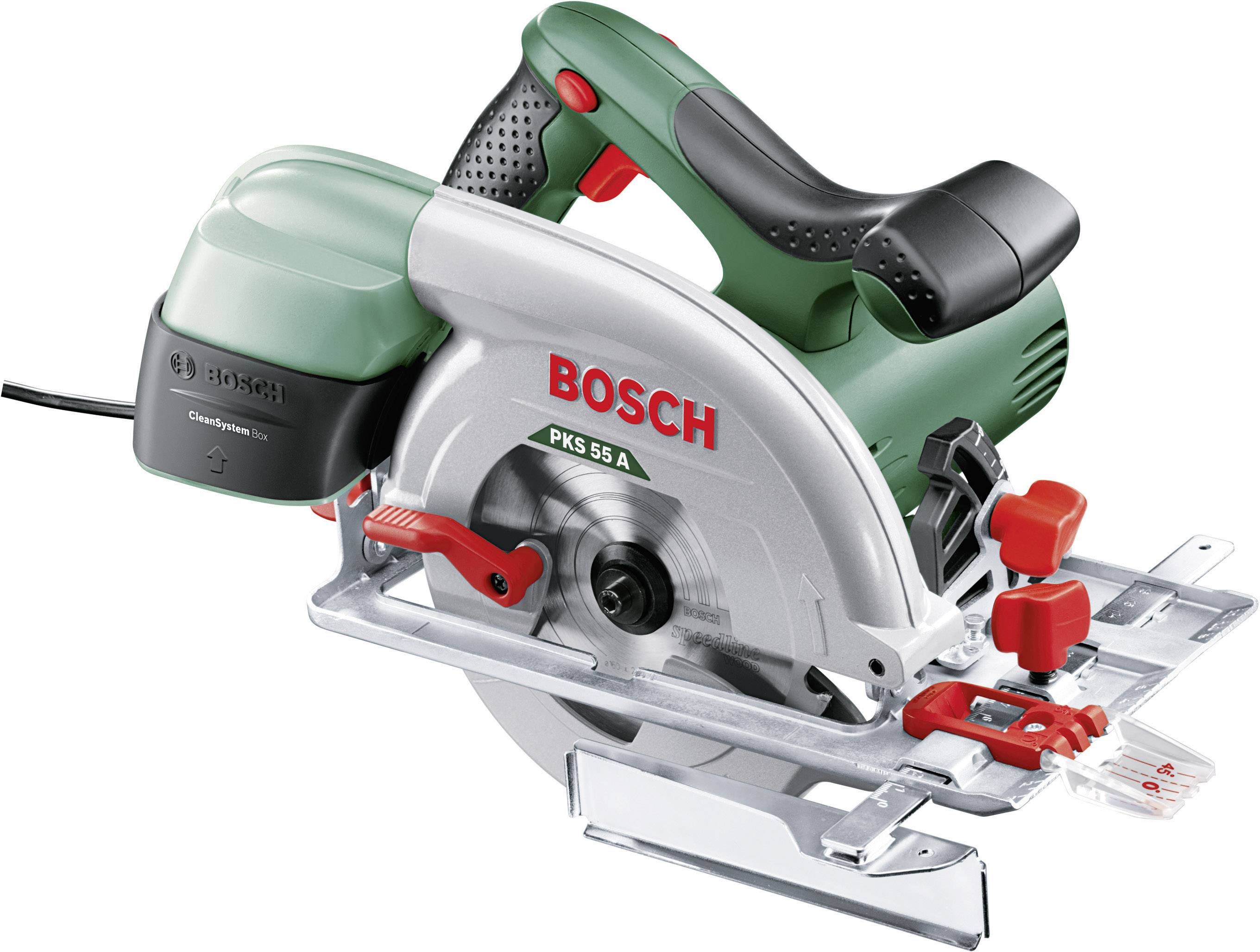 Kreissäge der Marke Bosch, Modell PKS 55 A, mit ergonomischem Griff und Schutzabdeckung, geeignet für präzise Holzzuschnitte.