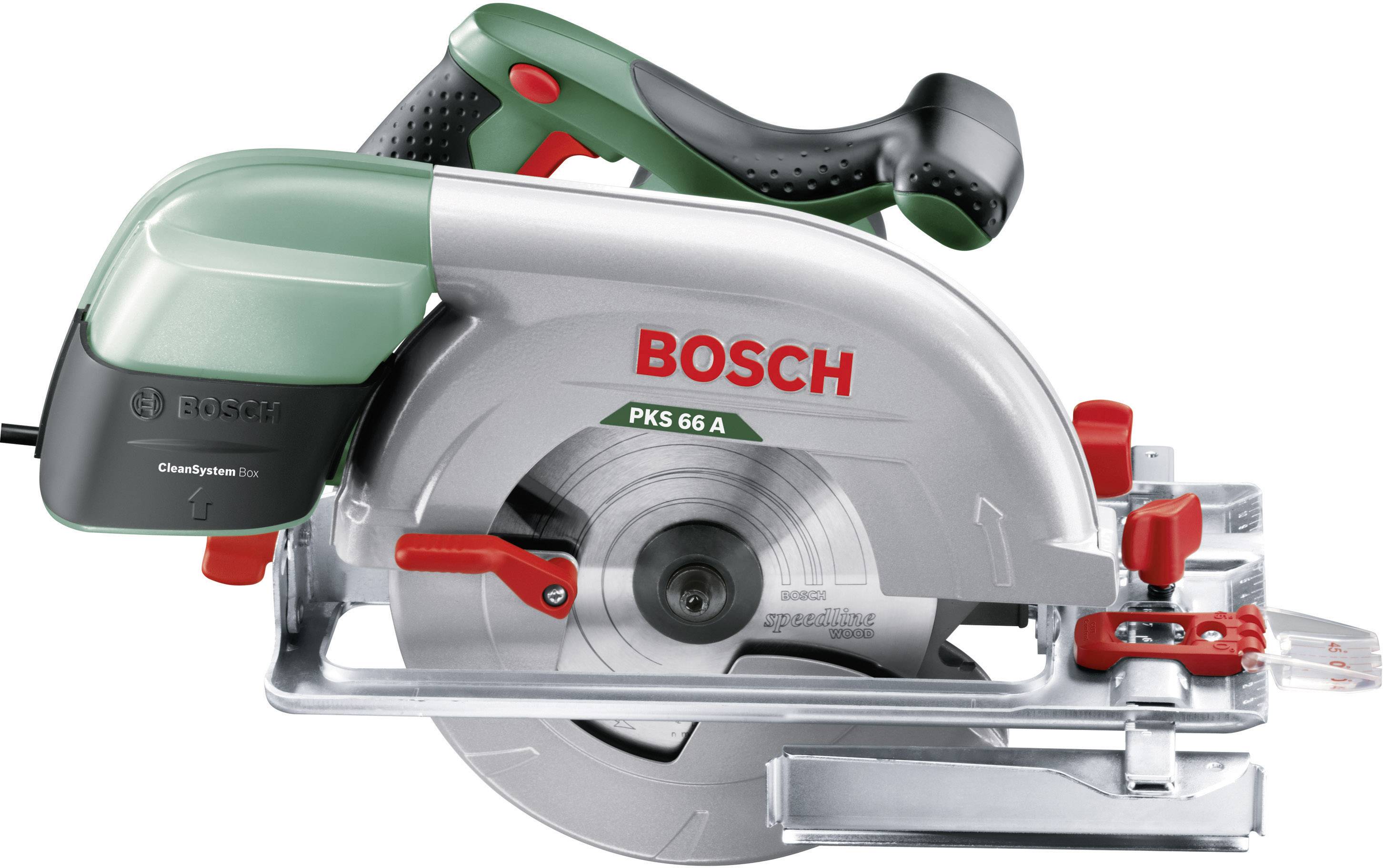 Bosch Kreissäge PKS 66 A auf weißem Hintergrund. Zeigt seitliche Ansicht mit Handgriff, Schutzabdeckung und Klingeneinstellung.