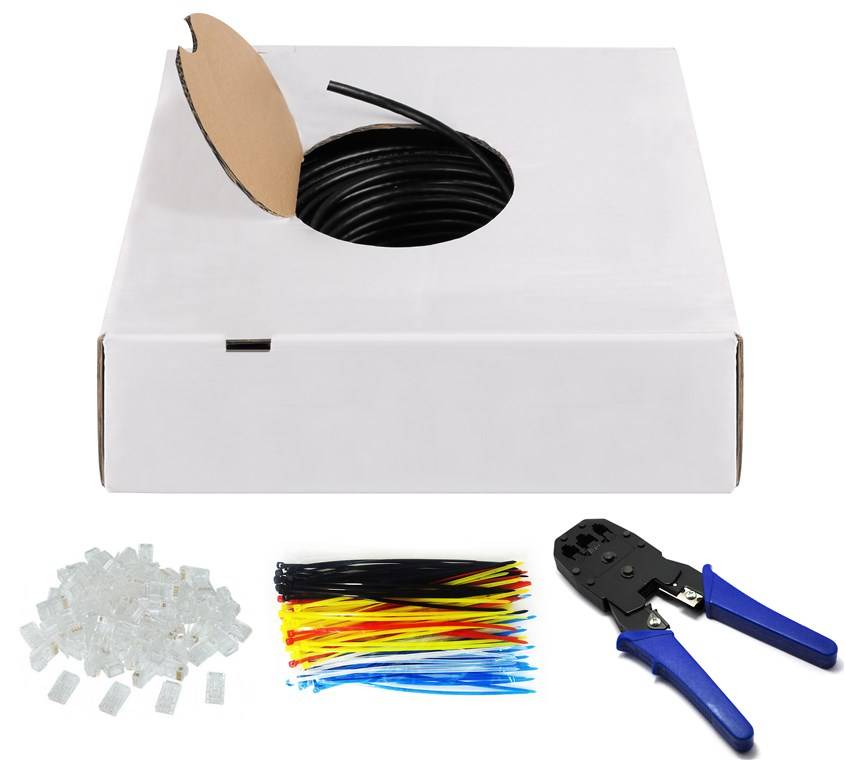 Goobay 94399 CAT 6 Netzwerkkabel Outdoor PE CCA U/UTP Patchkabel Set mit RJ45-Stecker Crimpzange & Kabelbinder 305m