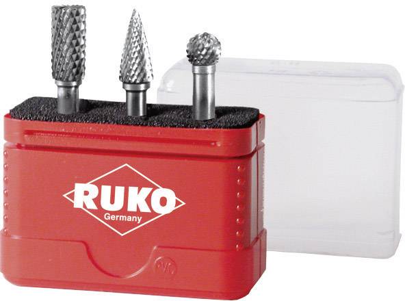 Drei rotierende Schleifwerkzeuge mit unterschiedlichen Köpfen in einer roten Aufbewahrungsbox mit 'Ruko Germany'-Aufdruck.