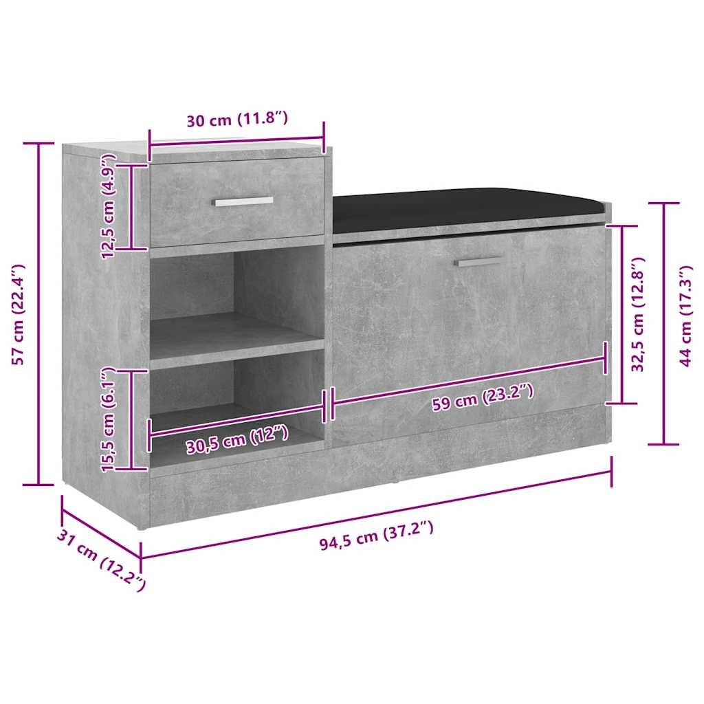 vidaXL Schuhbank Betongrau 94,5x31x57 cm Holzwerkstoff
