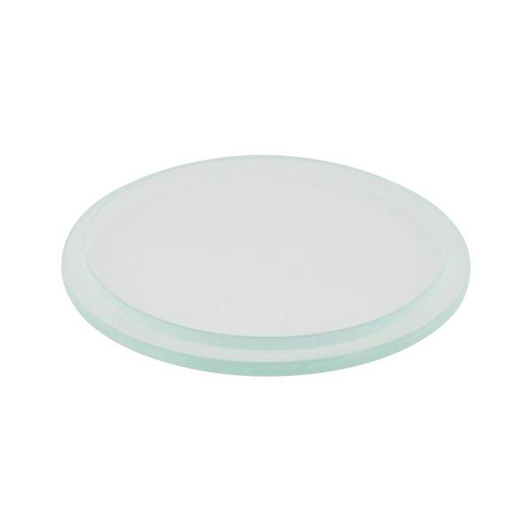 Ein runder, transparenter Glasuntersetzer mit leicht erhöhter Kante. Ideal zum Schutz von Oberflächen vor Hitze oder Flecken.