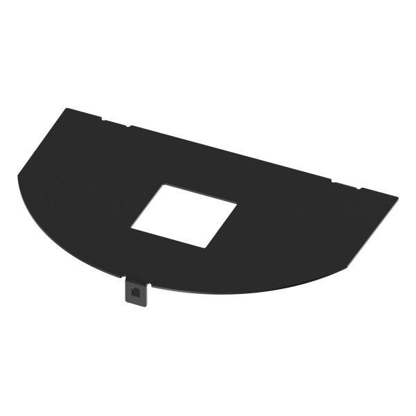 Schwarze Plastikschutzabdeckung mit quadratischer Aussparung, vermutlich zur Befestigung oder Abdeckung in technischen Geräten.