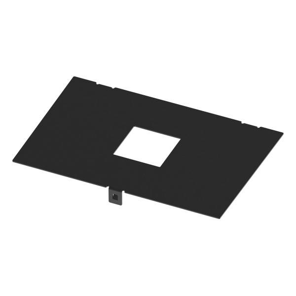 Schwarze rechteckige Metallplatte mit quadratischer Aussparung in der Mitte und kleinem Haken an der Unterseite.